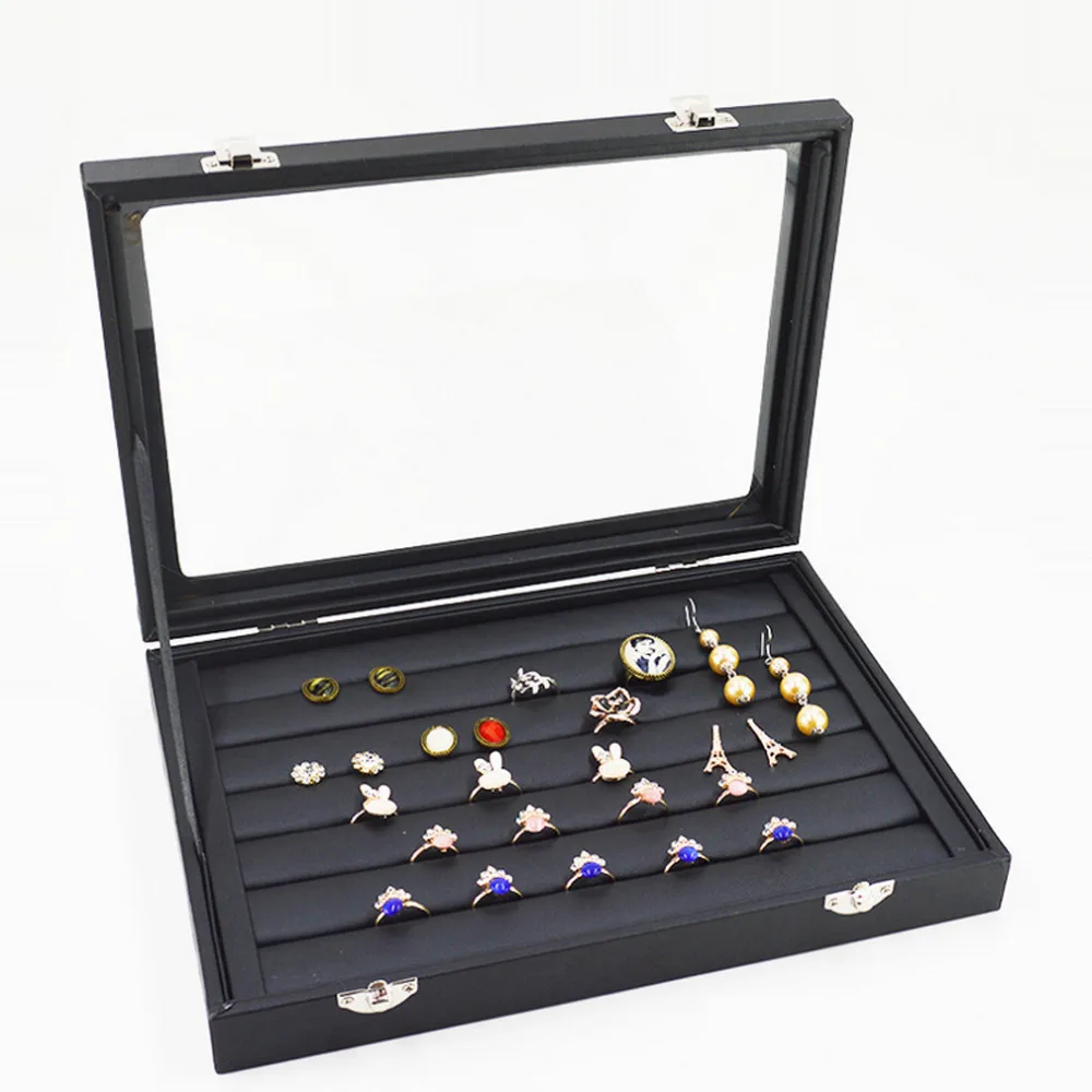 Модные черные кожи Jewelry Дисплей Шкатулка Организатор серьги кольцо Box случай для Jewlery подарочной коробке Шкатулка
