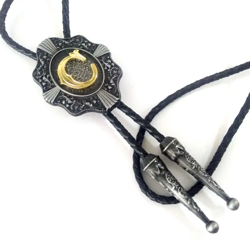 5 pcs wholesale Vintage Western cowboy bolo tie for men Black leather chain metal buckle With Gold Letter &quotC&quot custom ties |