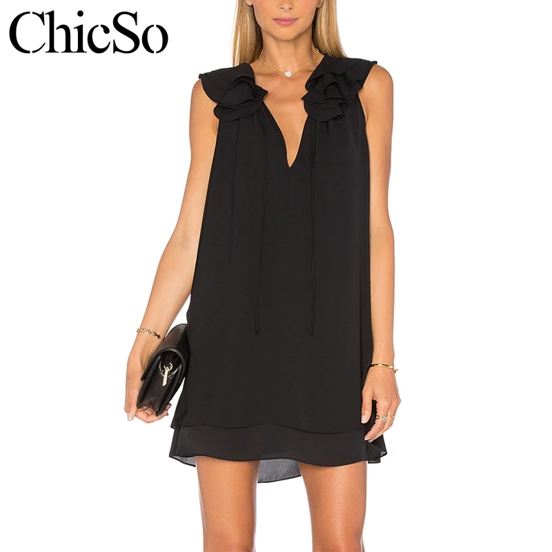 Женское платье без рукавов MissyChilli черное шифоновое с бантом розовое летнее