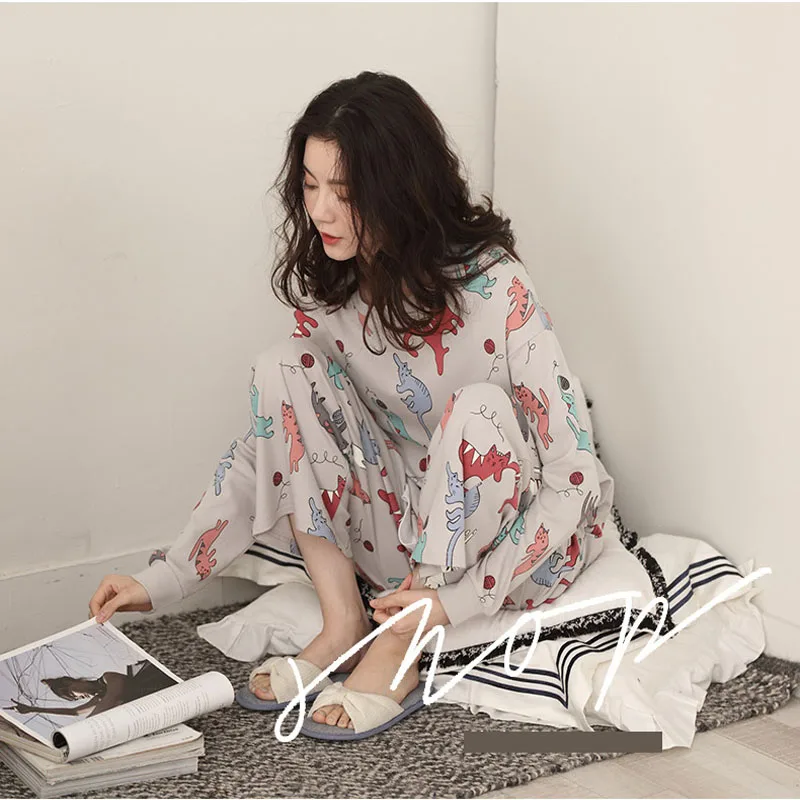 Женские пижамы весенне осенние модели хлопок принт тонкая секция длинные рукава