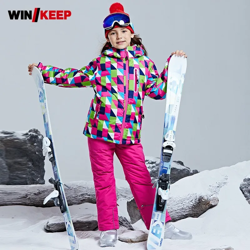 

Colorful Printed Girls Winter Skiing Tracksuit Snowboarding Suit Kids Cotton Padded Thick Warm Sportswear Set Children Ski Suit
