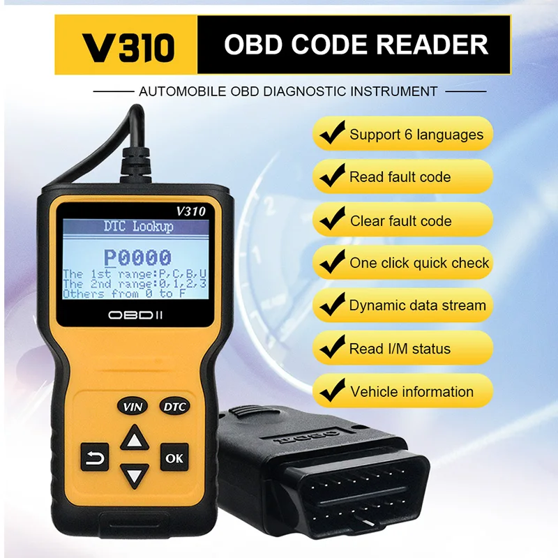Недавно V310 OBDII EOBD Авто код читателя 6 языках автомобильный диагностический сканер