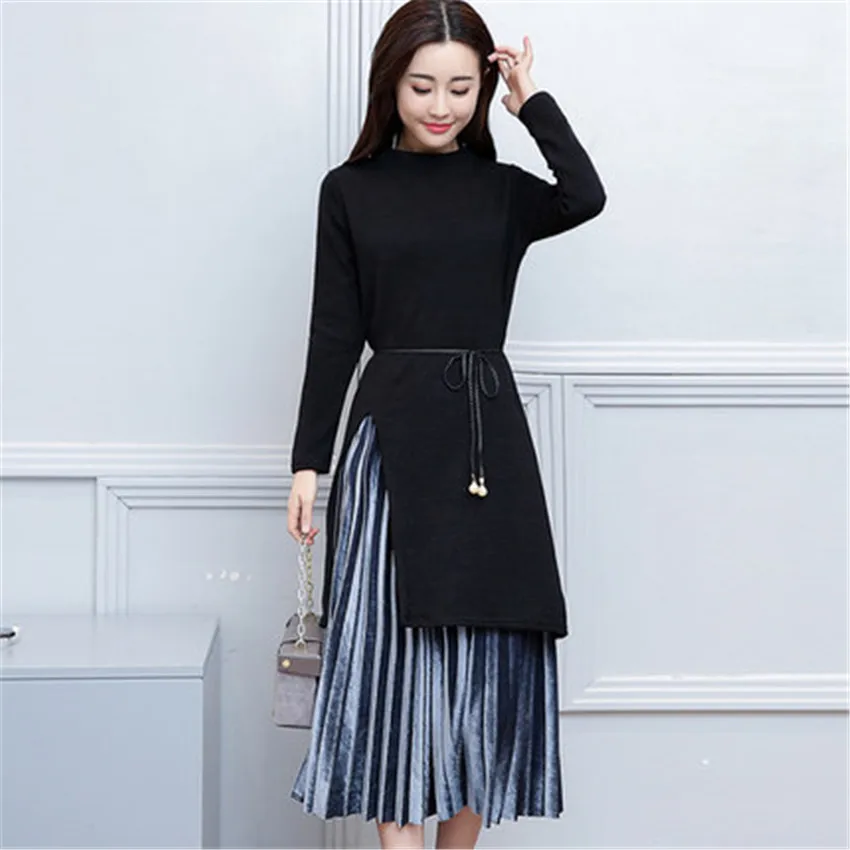 Женский трикотажный свитер и плиссированная юбка Осень зима|plus size womens sets|women setwinter