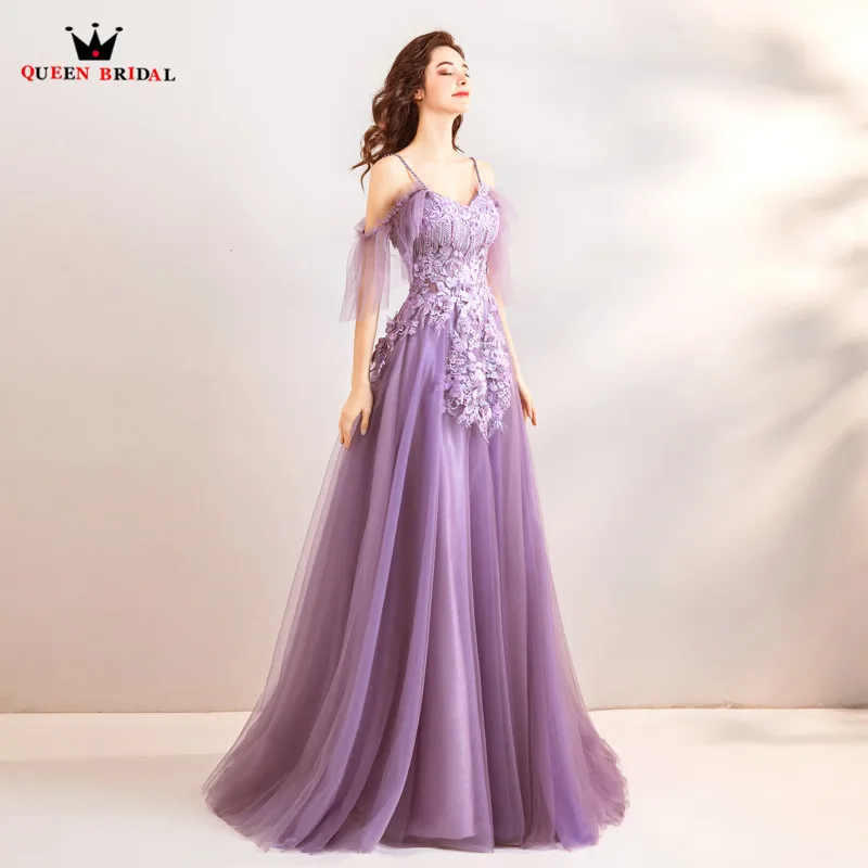 Длинное вечернее платье А силуэта фиолетовое милое Тюлевое кружевное с бусинами