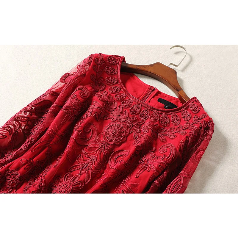 2017 Весна синий платье Для женщин элегантные весенние Вышивка О-образным вырезом