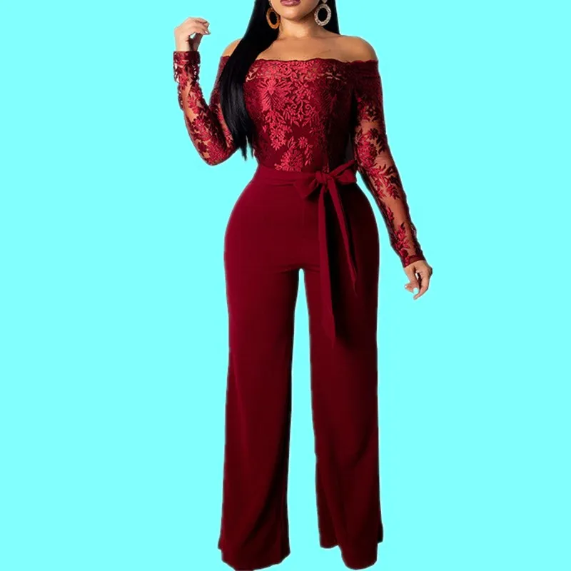 Wine Red Wuhaobo с открытыми плечами пикантные кружево Комбинезоны для малышек Летняя мода бинты широкие брюки длинным рукавом Элегантный Bodycon - Цвет: Wine Red