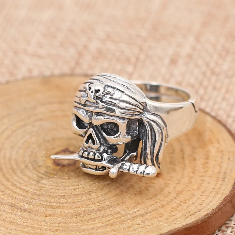 

FNJ Punk Skull Ring 925 Silver Jewelry New Fashion S925 Sterling Thail Silver Rings for Men Adjustable Size 8-12 bague