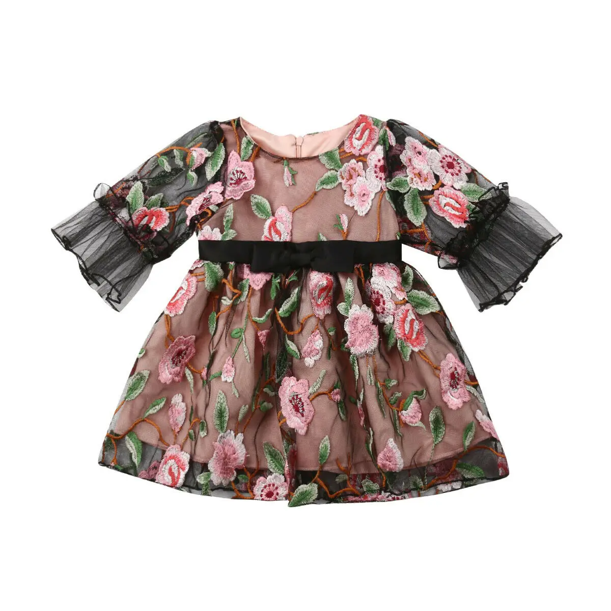 2019 New Toddler Kids Baby Girls Floral Chiffon Five-Point Sleeve Embroidered Princess Party Lace Tutu Dresses | Детская одежда и
