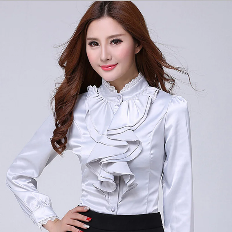 Классическая Женская белая шифоновая блузка с оборками большие размеры S-2XL OL