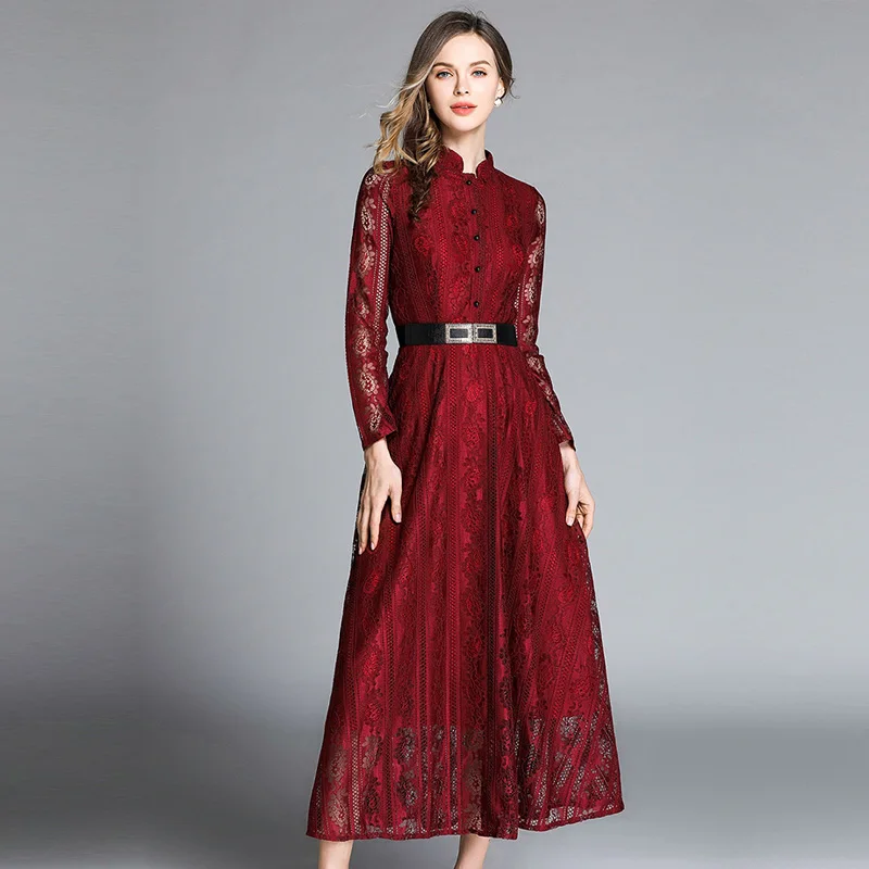Sping Women Casual Lace Dress Fashion Long Sleeve Elegant Slim A-line Women's Party Dresses - Цвет: red