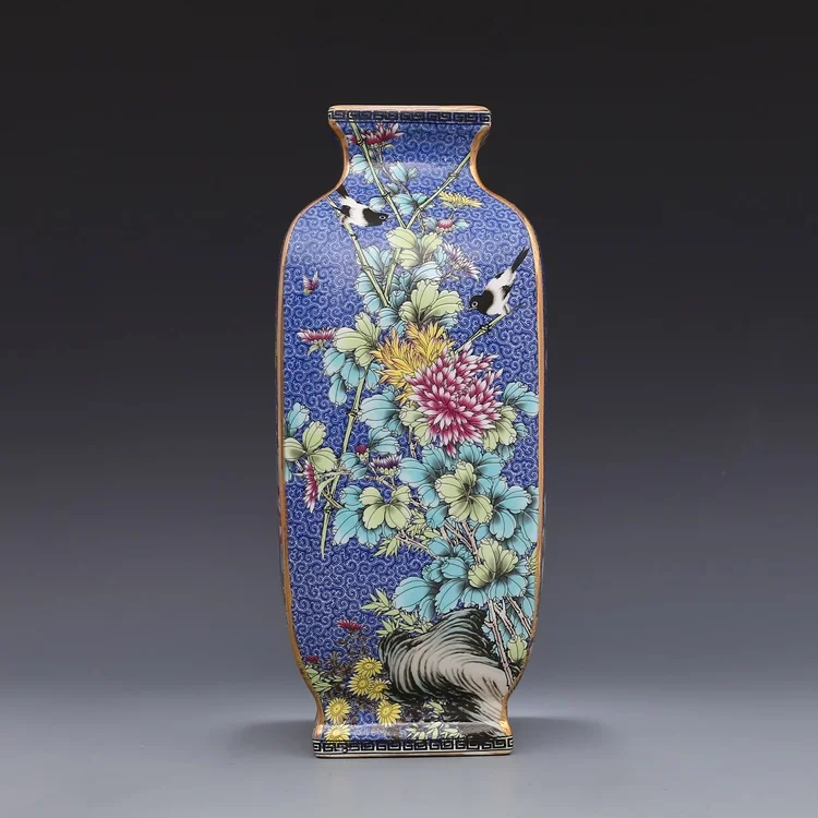 Qing Dynasty Yong Zheng year mark эмаль синий квадратный цветок и птица небесная бутылка