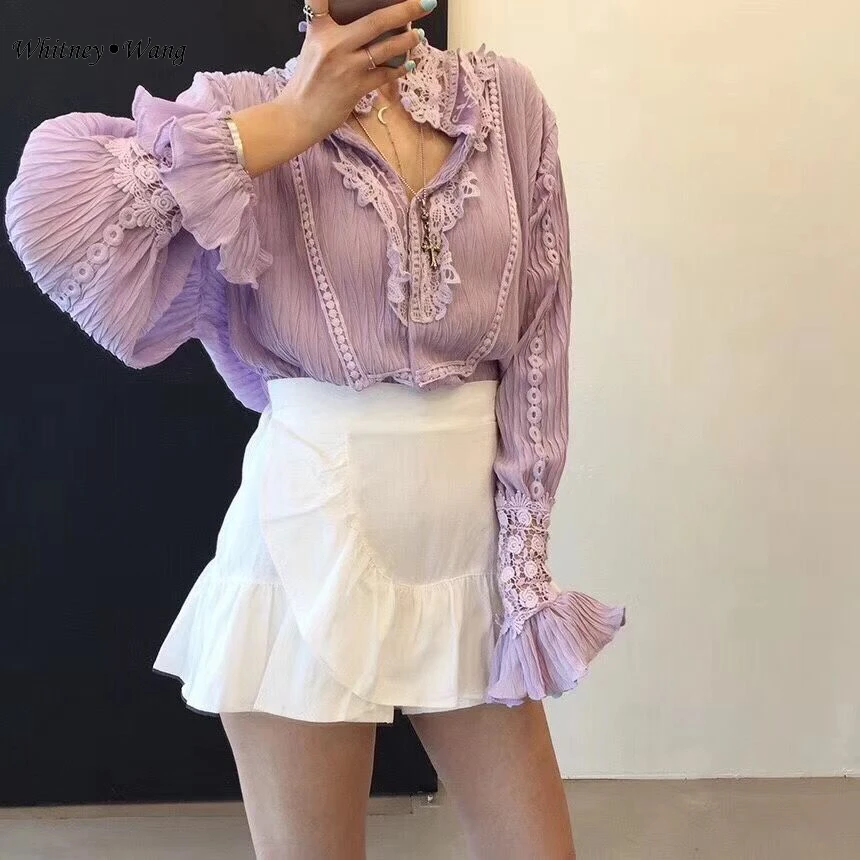 WHITNEY WANG 2018 Осенняя модная уличная блузка в Корейском стиле с кружевными оборками