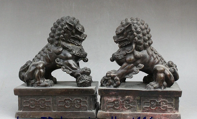Китайская Народная Фэн Шуй Бронзовый Guardion Foo Фу Собака Лев Бал Зверь Статуя
