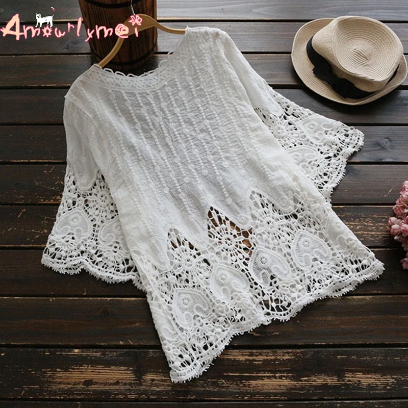 Amourlymei 2018 летние новые женские однотонные повседневные свободные кружевные