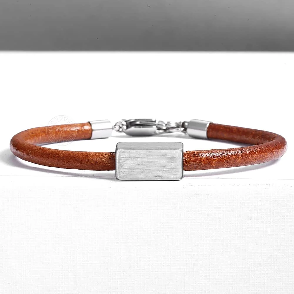 

Fashion Simple Genuine Leather Engraved Bracelet For Men Women Stainless Steel Charm ID Bracelet Extension Link Gift DTBL00301