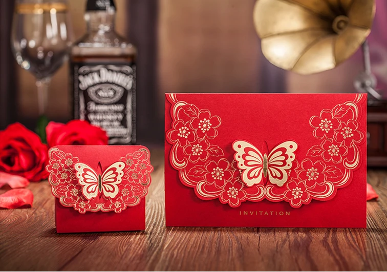 

High Quality Red Wedding Invitation Card 170*115mm Gold-Bronzed Butterfly 50pcs/lot With Envelopes And Seals For Free