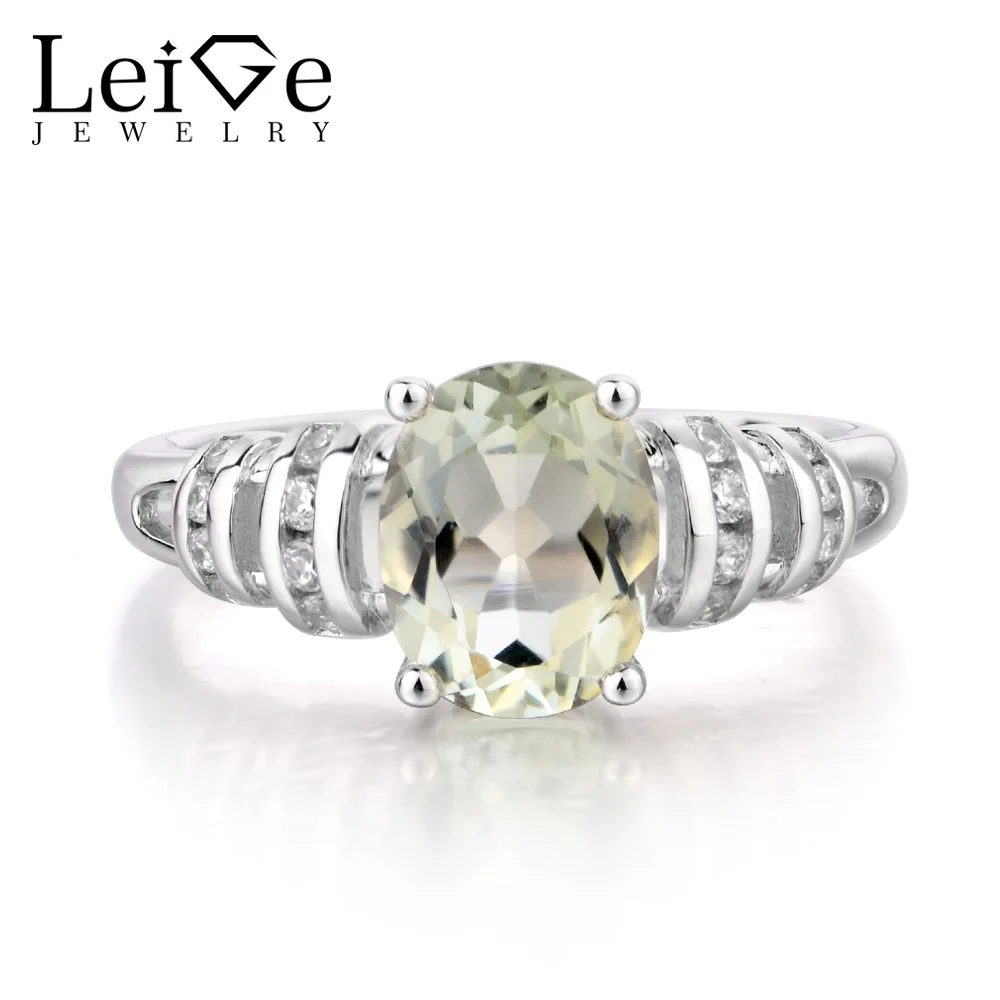 

Leige Jewelry Natural Green Amethyst Ring Engagement Ring Oval Cut Green Gemstone Solid 925 Sterling Silver Ring Gifts for Women