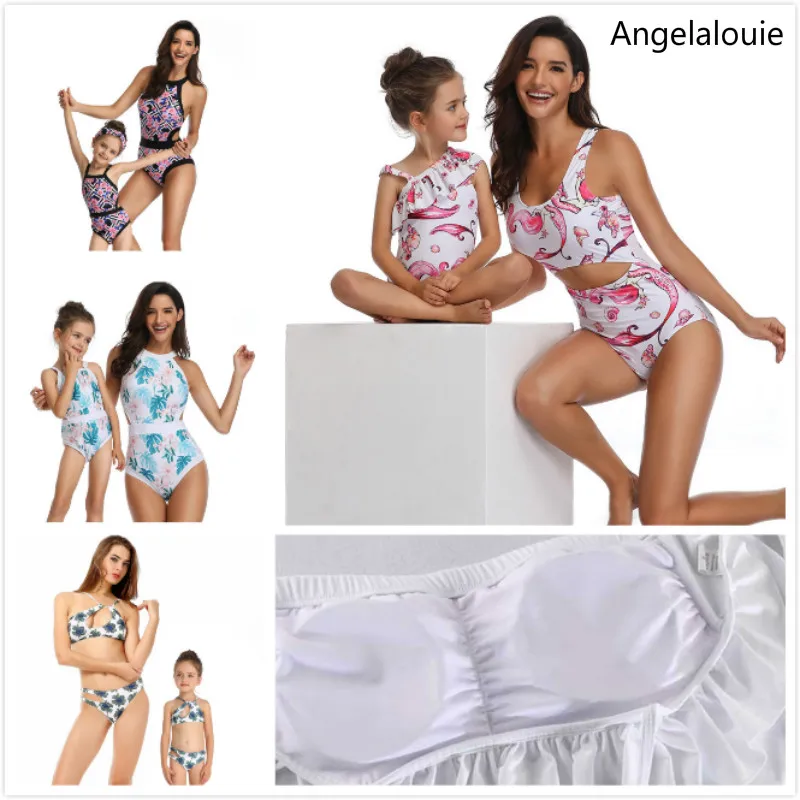 Подходящие купальники для мамы и дочки с принтом в виде двойных листьев лотоса