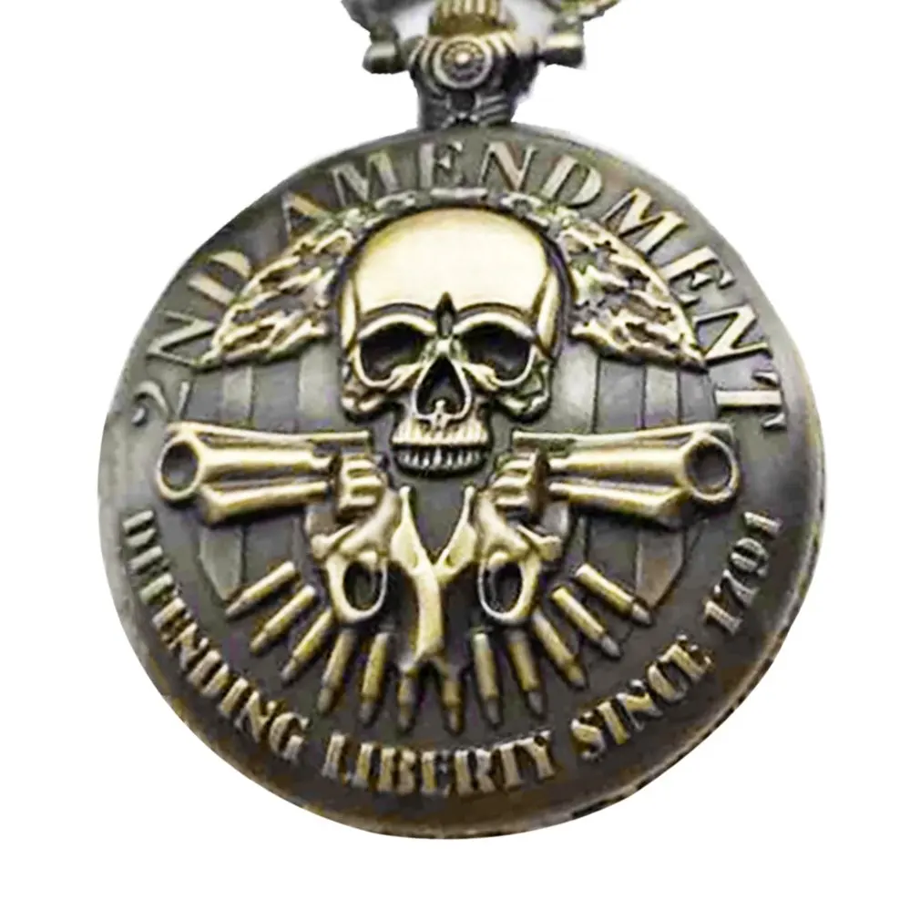 Lover's Bronze Vintage Antique Skull Head And Gun Pattern Pocket Watch Necklace Clock With Chain | Наручные часы