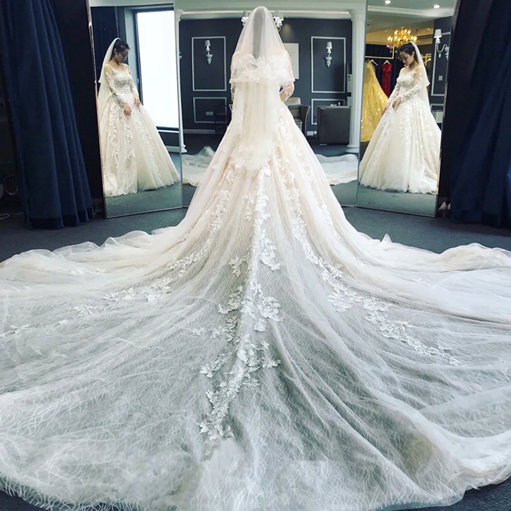 Кружево, широкие рукава Свадебное платье длинный шлейф Vestido De Noiva Princesa бисерные аппликации А-силуэта свадебное платье с изображением вуали
