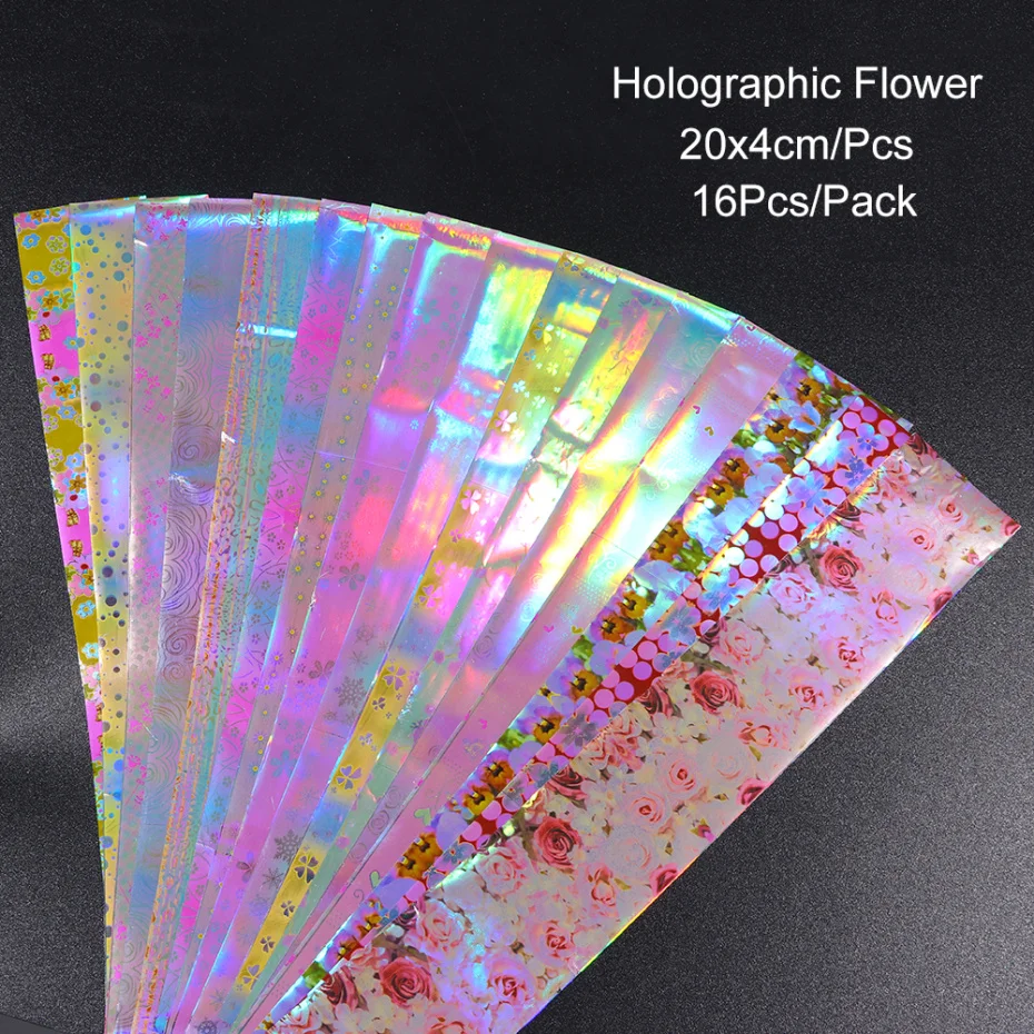 Набор голографической фольги для ногтей 16 шт. Переводные гели с цветами наклейка