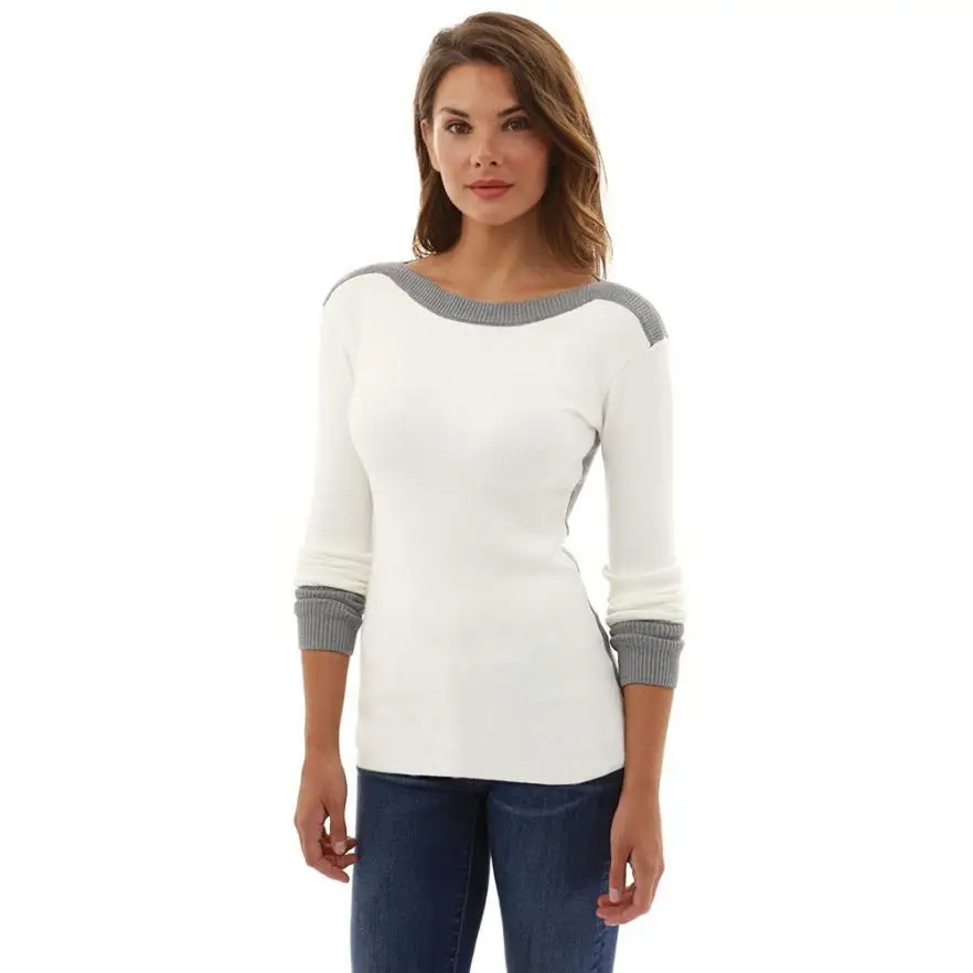 CHAMSGEND Womens Sweater O Neck Fight Color Long Sleeve Jumper Sweaters Pullover Blouse Tops L1214 | Женская одежда
