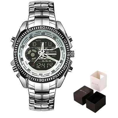 black with box Stryve S8016 мужские спортивные часы двойной дисплей светодиодный Аналоговый Chrono военный тяжелый циферблат водонепроницаемый Нержавеющая сталь кварцевые цифровые часы Reloj - Цвет: black with box