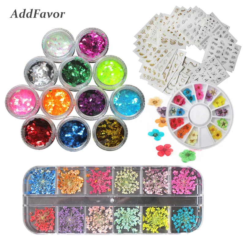 AddFavor DIY 3D украшения для ногтей Стразы с блестками наклейка для ногтей Блеск Шарм настоящие сухие цветы наклейки для ногтей инструменты для дизайна