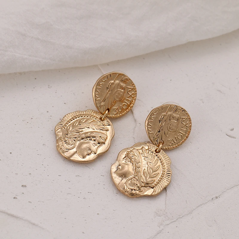 YMYW Zinc Alloy Geometric Gold Portrait Baroque Earrings Trendy Antique Personalized Double Layers Stylish Oorbellen Female Gift | Украшения