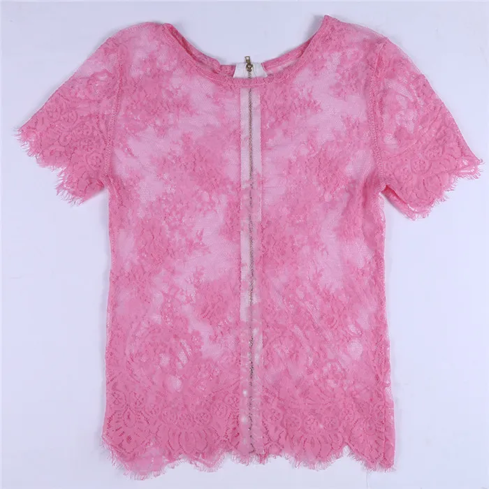 Розовый Женский сексуальный кружевной топ, Blusas Femininas, черный, короткий рукав, круглый вырез, с вырезами, на молнии, RT5 TT - Цвет: Розовый