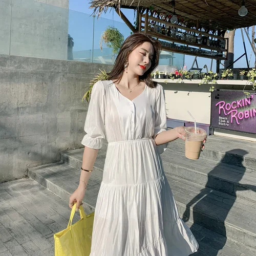 Женское платье-трапеция до середины икры однотонное платье с V-образным вырезом и