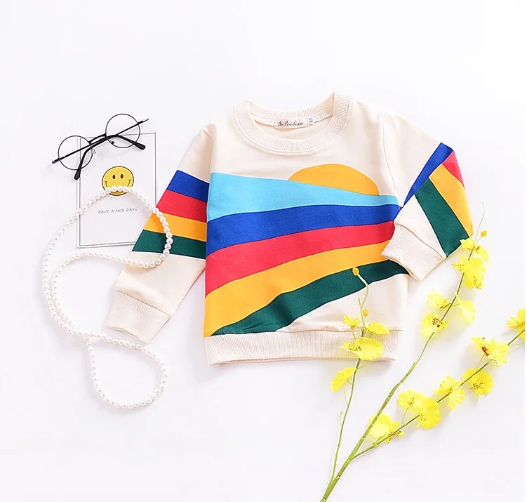 2018 Новая Осенняя детская одежда с кисточками футболка рисунком радуги и солнца |