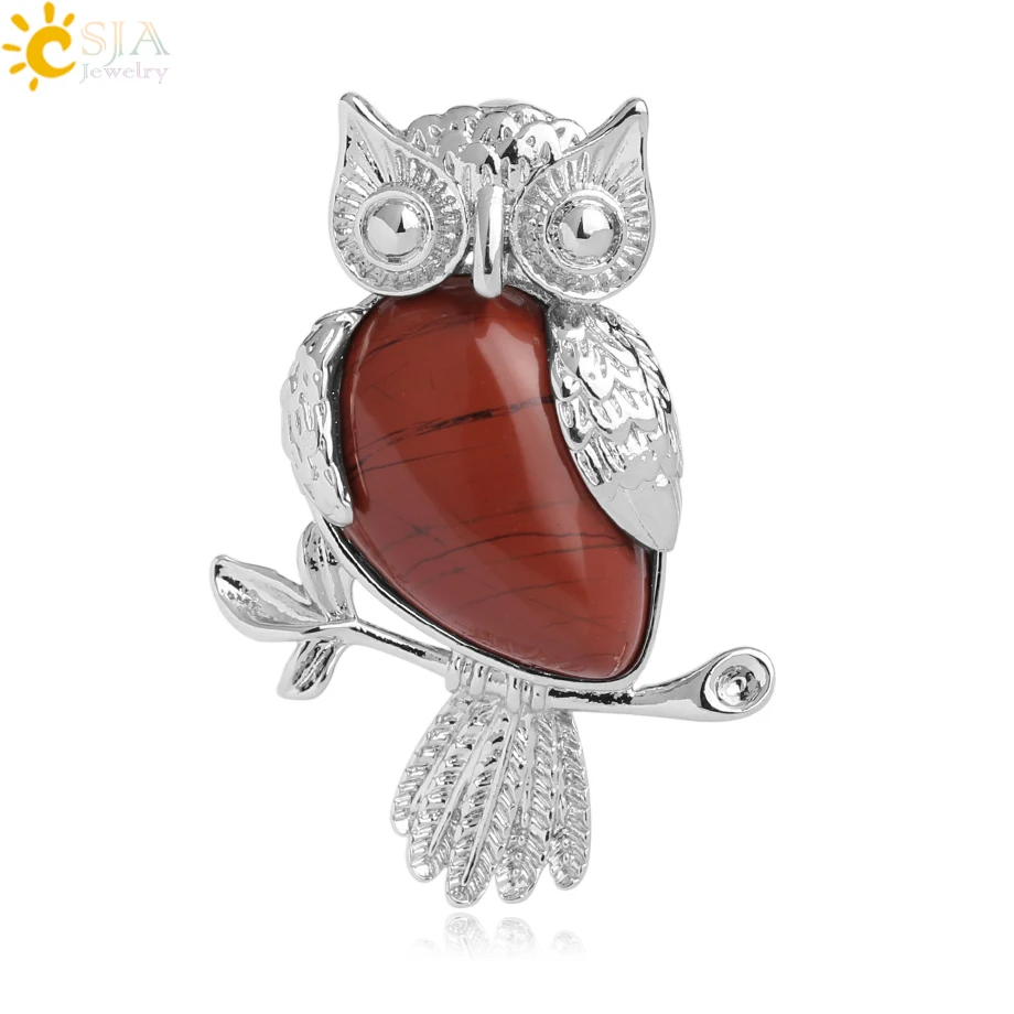Red Jasper CSJA животное сова кулон в форме капли воды в форме натуральный камень кварц кристалл серебряный цвет кулон для ожерелья для женщин мужчин ювелирные изделия G076 - Окраска металла: Red Jasper