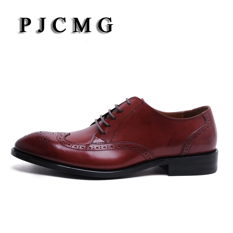 Мужские деловые кожаные туфли PJCMG на шнуровке красного/черного цвета броги с