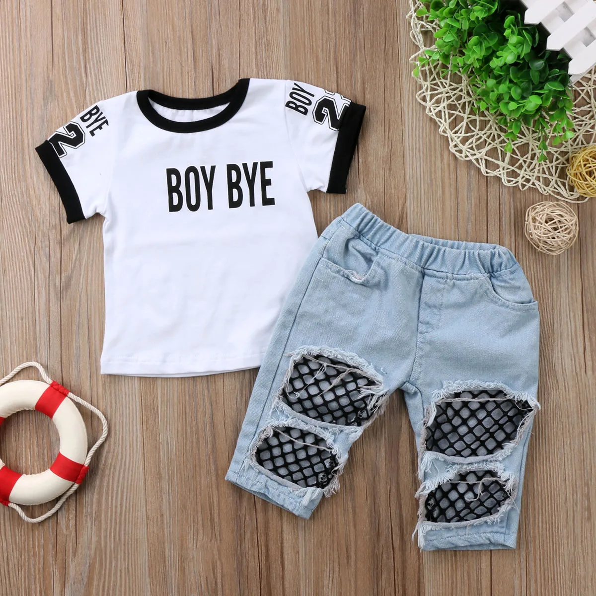 

Toddler Kids Baby Girls Infant Summer Fashion Clothes Cotton T-shirt Tops Mesh Hole Denim Pants Jeans 2pcs Outfits Clothes 0-5Y