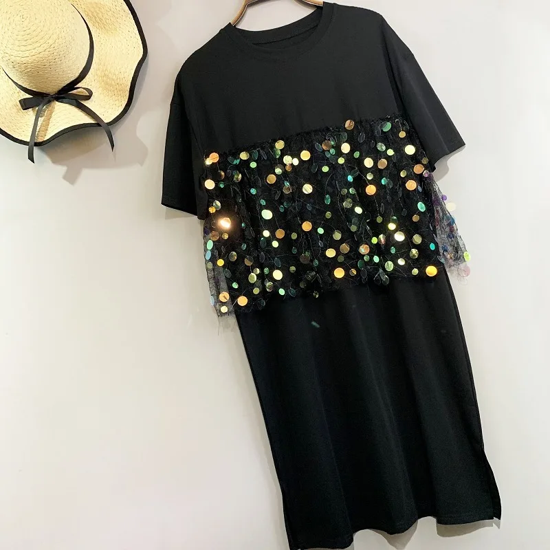 QING MO Women Black Sequin Dress Summer T Shirt Short Sleeve Knee-Length 2020 Hot ZQY1067 | Женская одежда