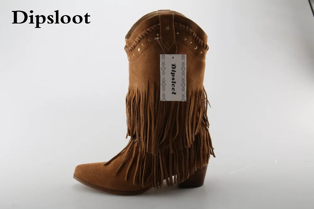 Лидер продаж женские замшевые ботинки с кисточками без шнуровки ковбойские
