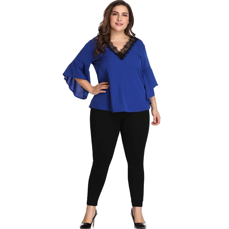 Женские рубашки Плюс сайз для полных мм v образный вырез расклешенные