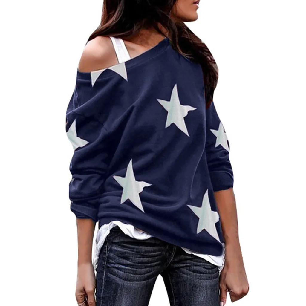 Navy One Shoulder T-Shirt Women Shirt Fashion Star Print Long Sleeve Loose Casual Tee Shirt Spring Lady Shirts Tee Top Plus Size - Цвет: Navy