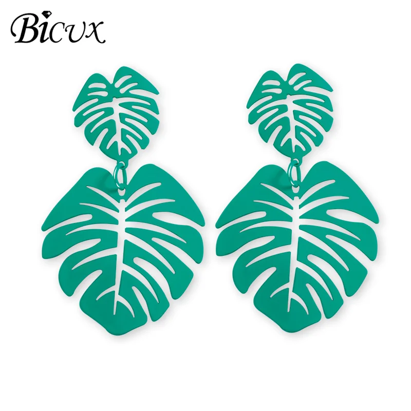 Green 2 BICUX серьги-капли в виде большого листа для Женщин, Модные Винтажные геометрические желтые зеленые длинные полые металлические серьги, ювелирное изделие - Окраска металла: Green 2