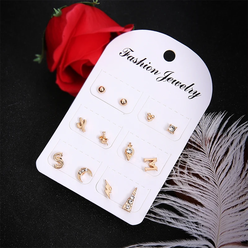 12 Pcs/Set Fashion Moon Letter Lightning Cactus Geometric Crystal Stud Earring Women Charm Gold Earrings Set Combination | Украшения и