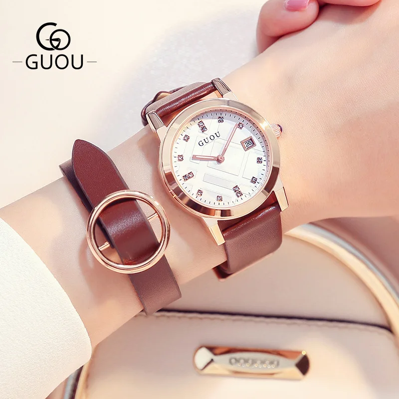 Модные Часы GUOU кварцевые часы с календарем платье из натуральной кожи со