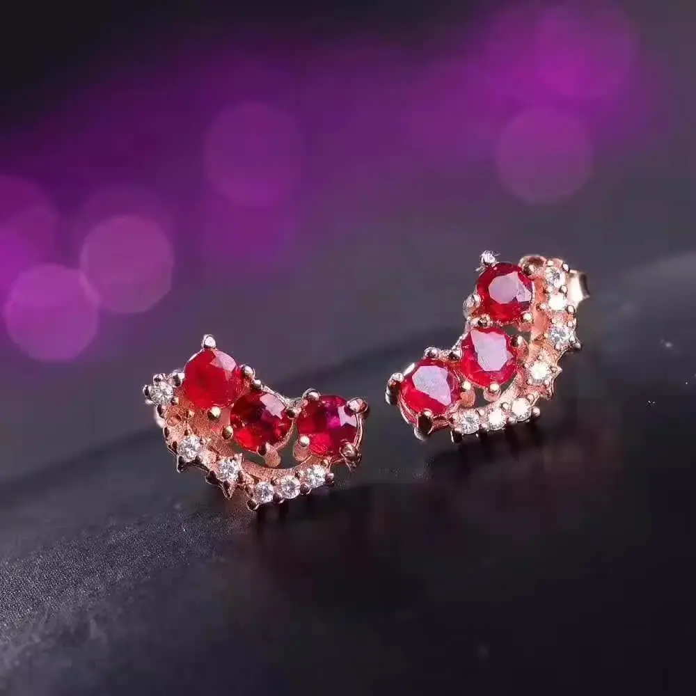 

natural ruby stud earrings 925 silver Natural red gemstone stud earring for women personality fashion party jewelry