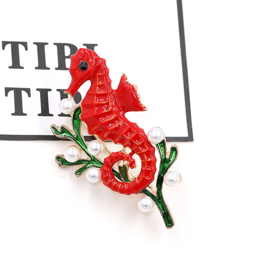 PULATU Red Seahorse Brooch Pins for Women Enamel Pearl Animal Design High Quality Brooches Kids Clothing Accessories 2018 New | Украшения и