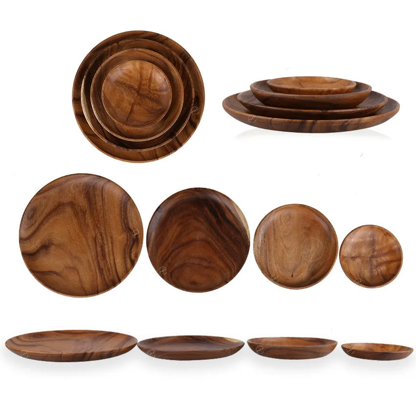 

Natural retro Acacia wood round plate tea tray wooden plate 15-30cm