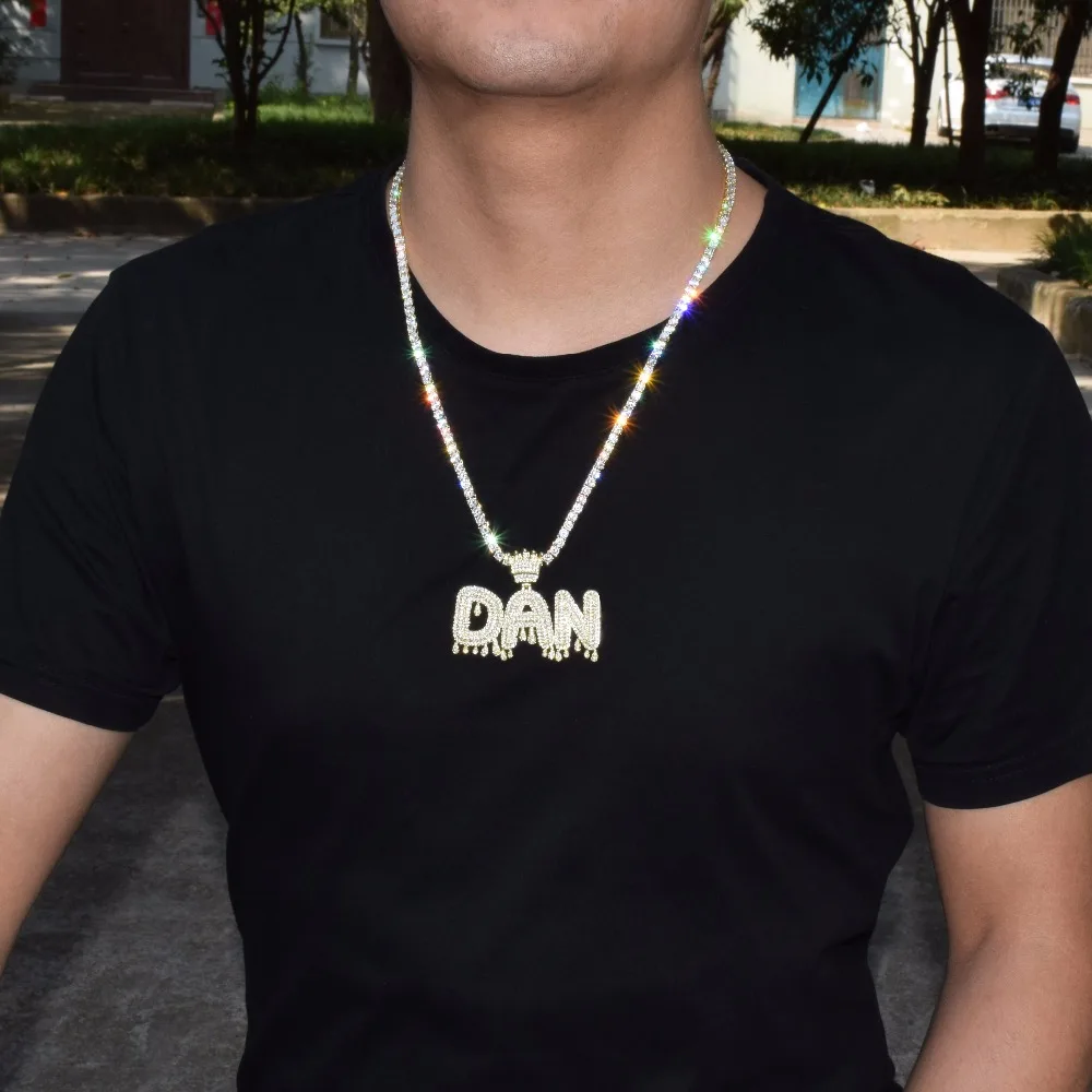 Bubble Letter Custom Name Necklace for Men Personalized Pendant Crown Drippy Charms Cubic Zircon Hip Hop Jewelry Iced Out