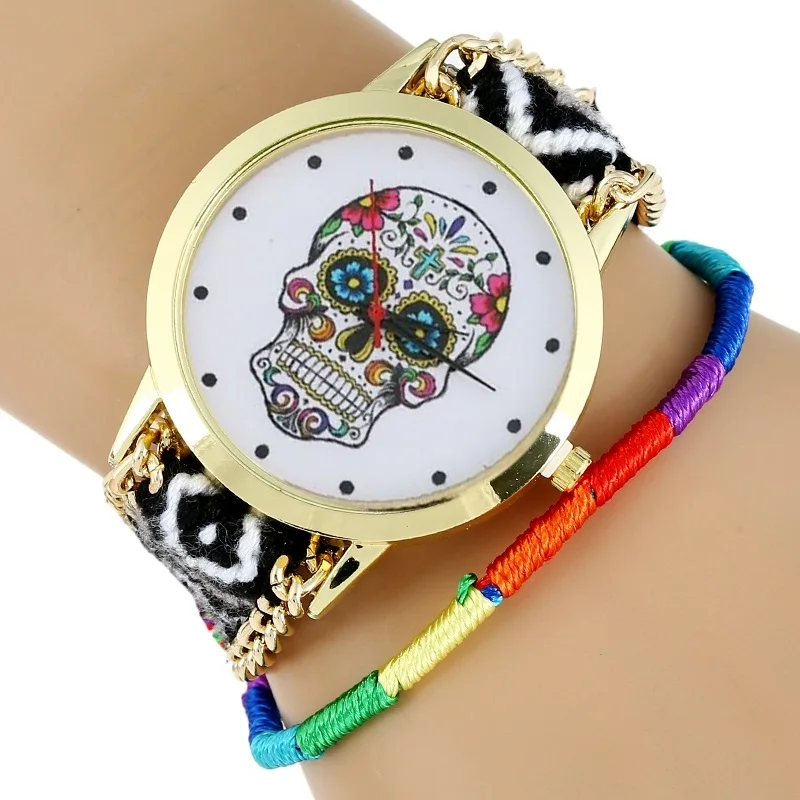 

Women Watch MEXICAN Skull woman dress wristwatch Fashion Hippie Fabric Bracelet Skeleton reloj dama Geneva Style