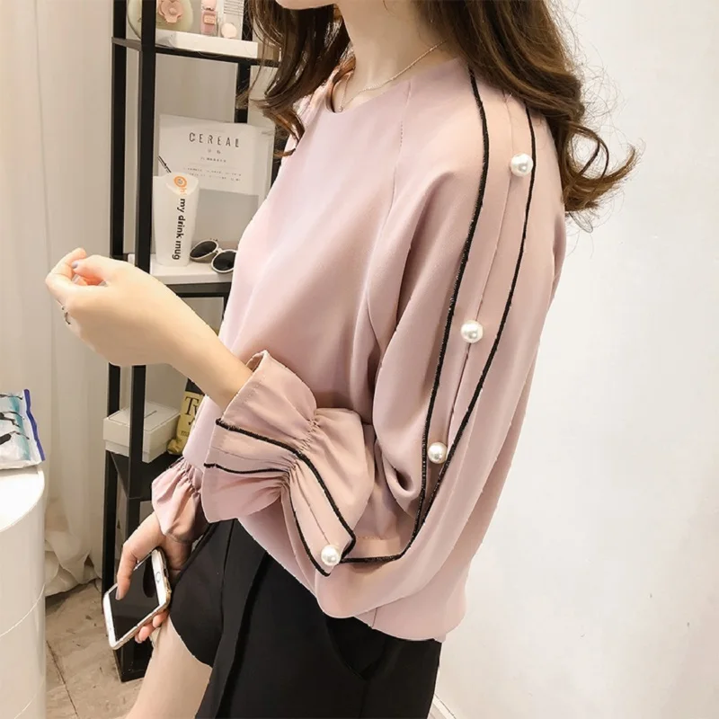 Плюс размер шифоновая рубашка женская 2018 Blusa бисерные Топы Осень с длинным