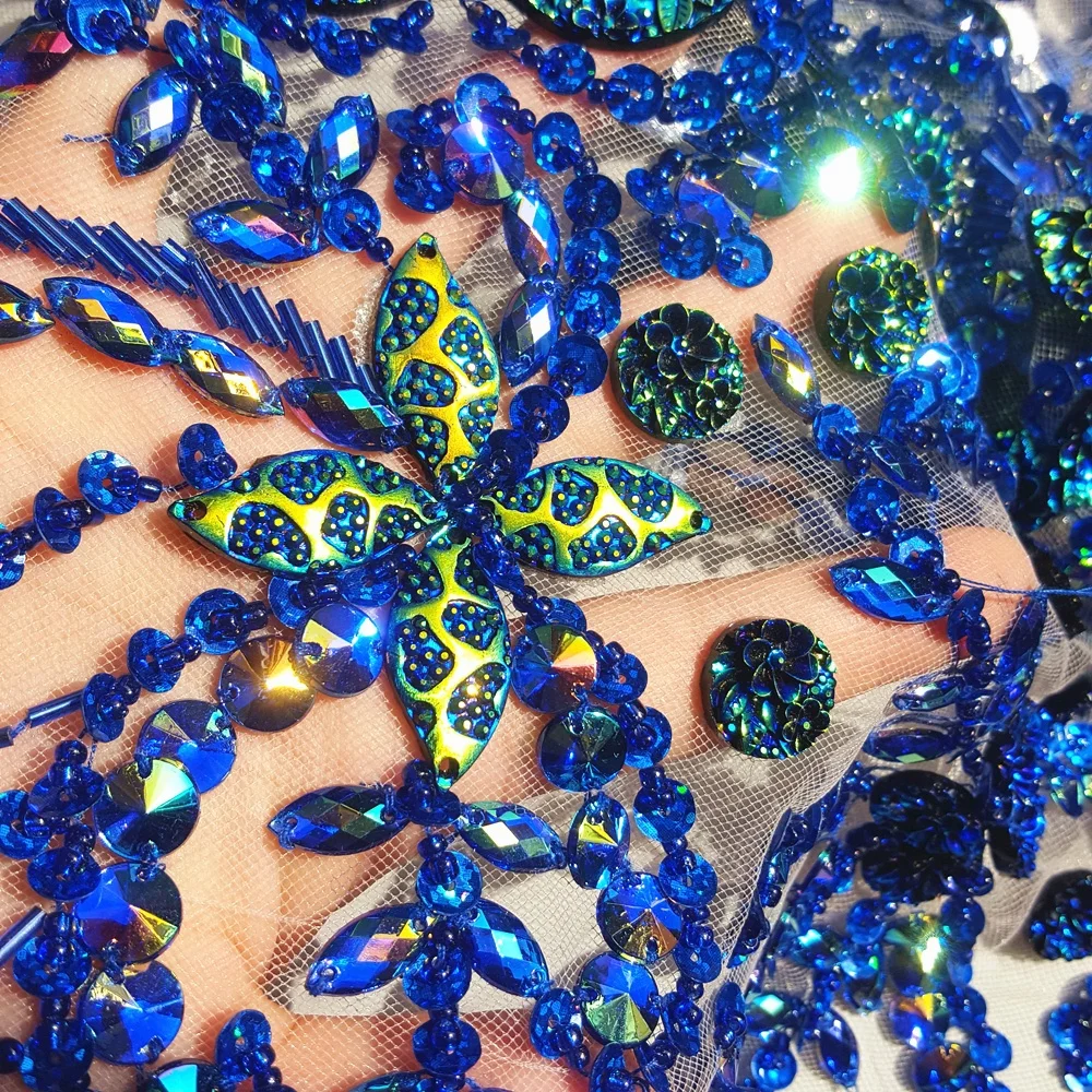 

Handmade Big Beaded Crystal Blue AB Color Sew on Rhinestones Applique Designs Patches Sewing for Wedding Dress Trim 38x56cm