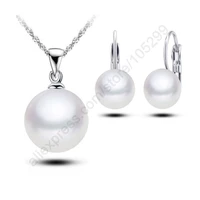 new fine jewelry 925 sterling silver sets 12mm natural freshwater pearl pendant necklace hoop ear lever earrings for women